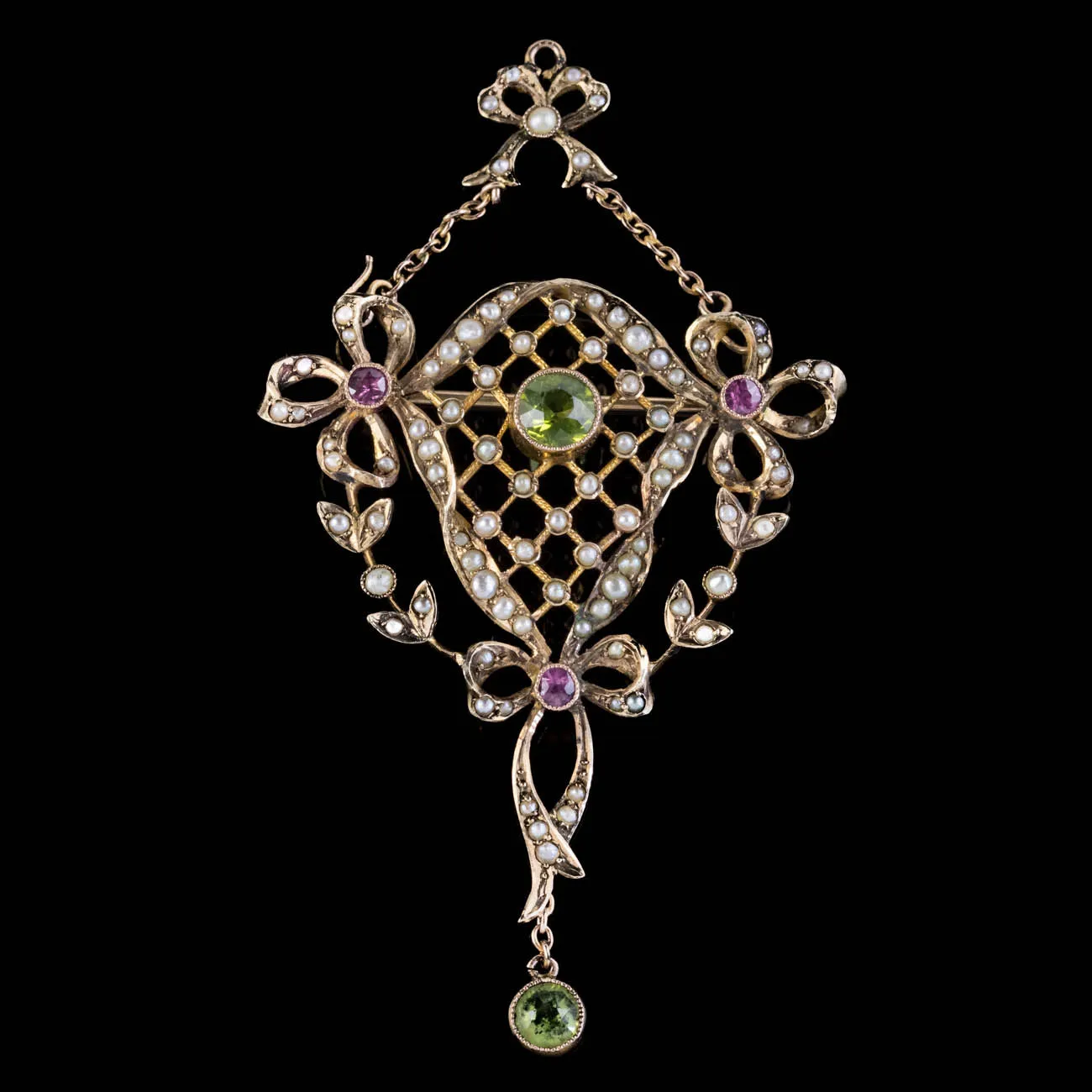 Antique Suffragette Bow Pendant Brooch Peridot Amethyst Pearl 9Ct Gold Circa 1910
