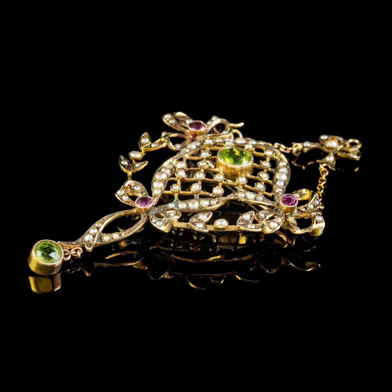 Antique Suffragette Bow Pendant Brooch Peridot Amethyst Pearl 9Ct Gold Circa 1910