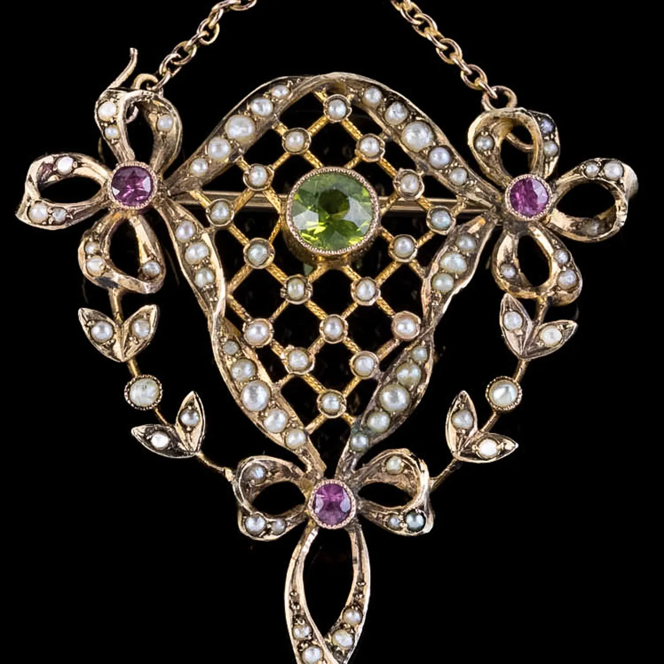 Antique Suffragette Bow Pendant Brooch Peridot Amethyst Pearl 9Ct Gold Circa 1910