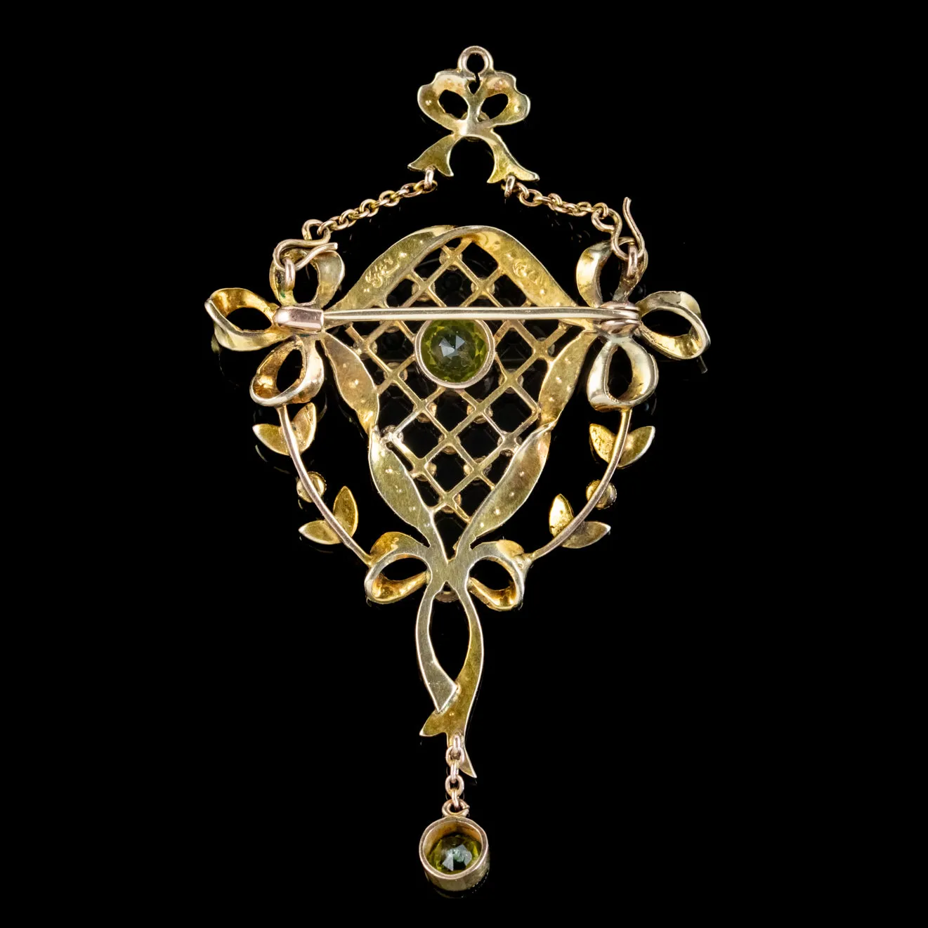 Antique Suffragette Bow Pendant Brooch Peridot Amethyst Pearl 9Ct Gold Circa 1910