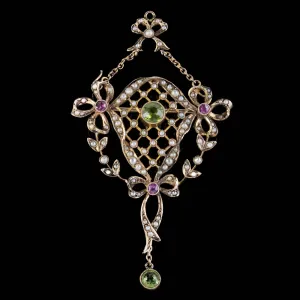 Antique Suffragette Bow Pendant Brooch Peridot Amethyst Pearl 9Ct Gold Circa 1910