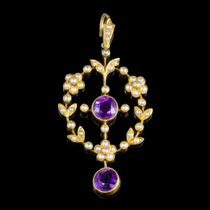 Antique Victorian Amethyst Pearl Pendant 18Ct Gold Circa 1890