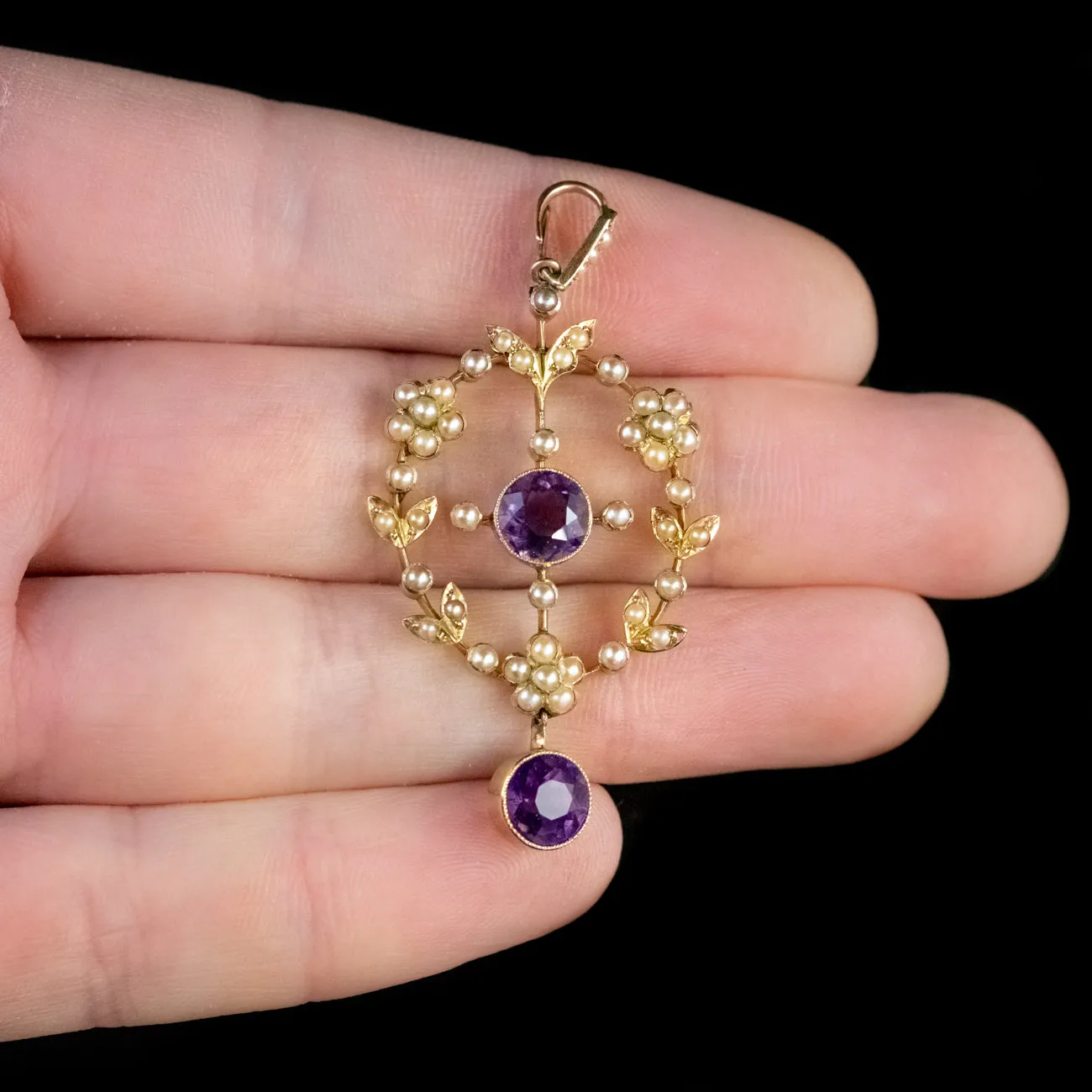 Antique Victorian Amethyst Pearl Pendant 18Ct Gold Circa 1890