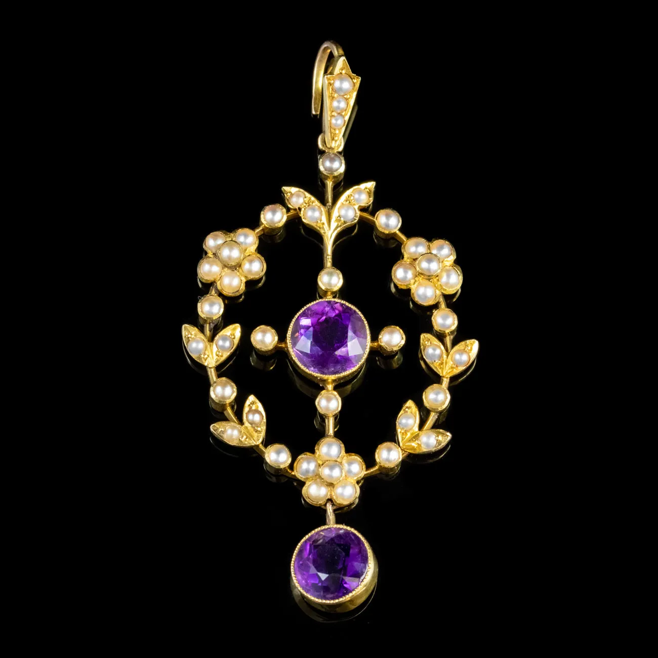 Antique Victorian Amethyst Pearl Pendant 18Ct Gold Circa 1890
