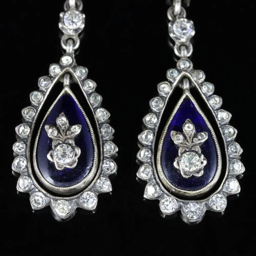 Antique Victorian Blue Enamel Paste Earrings Circa 1890