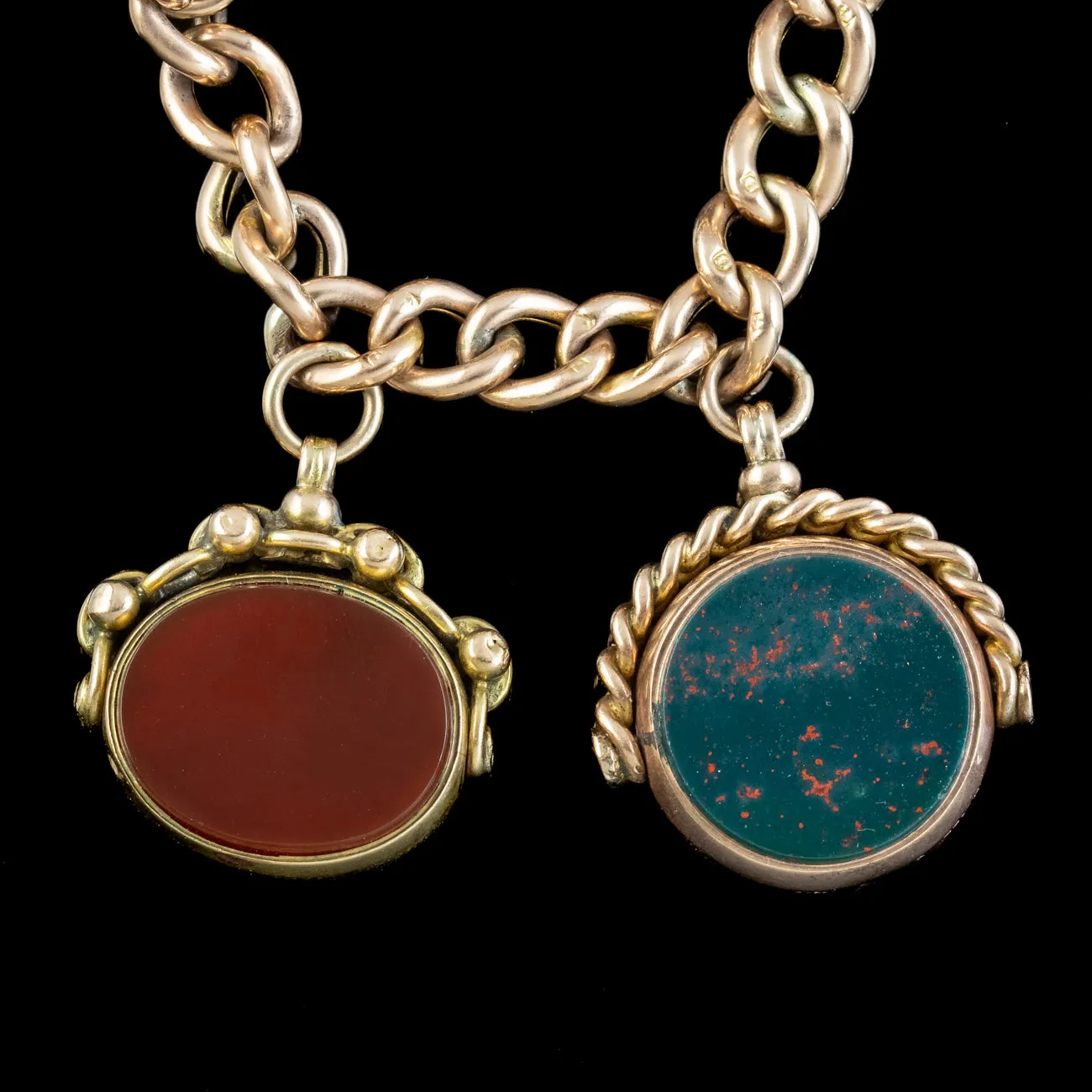 Antique Victorian Curb Charm Bracelet 9ct Gold With Seven Agate Fobs