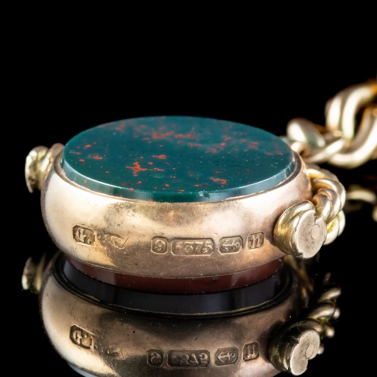 Antique Victorian Curb Charm Bracelet 9ct Gold With Seven Agate Fobs