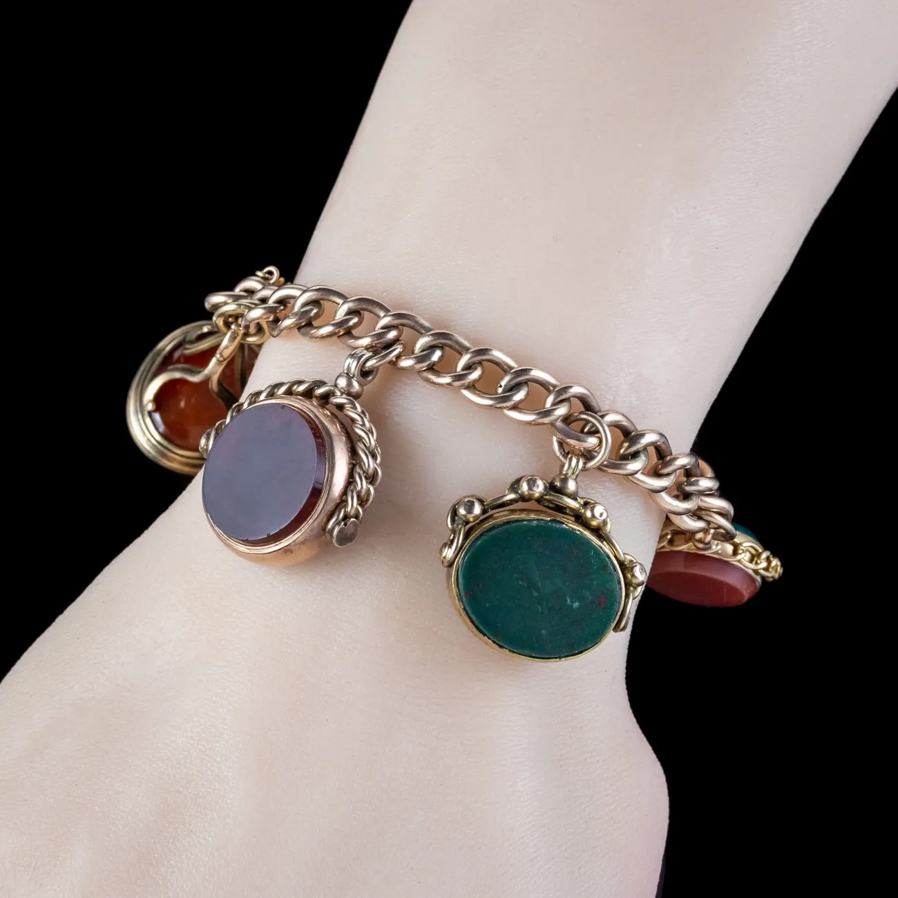 Antique Victorian Curb Charm Bracelet 9ct Gold With Seven Agate Fobs