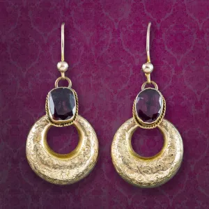 Antique Victorian Garnet Creole Hoop Earrings 15ct Gold
