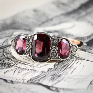 Antique Victorian Garnet Trilogy Ring Diamond 9Ct Gold Circa 1900
