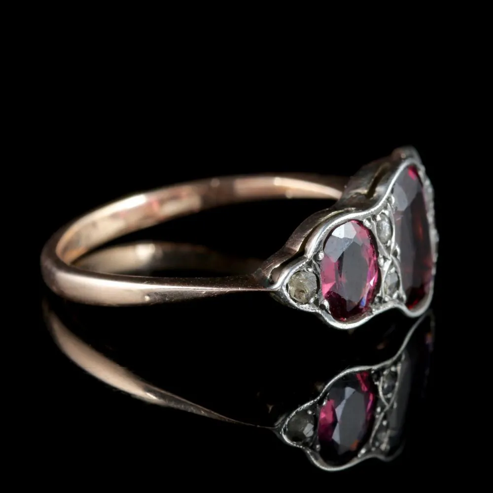 Antique Victorian Garnet Trilogy Ring Diamond 9Ct Gold Circa 1900