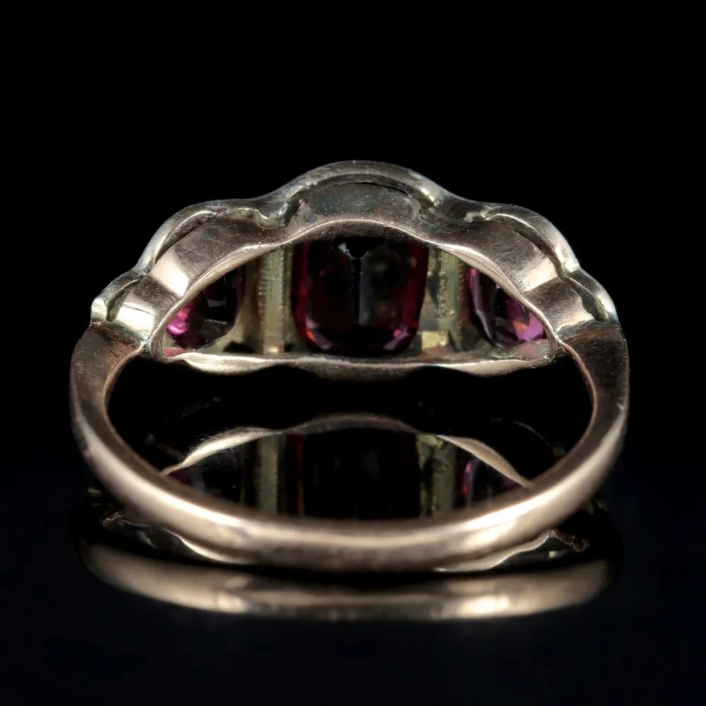 Antique Victorian Garnet Trilogy Ring Diamond 9Ct Gold Circa 1900