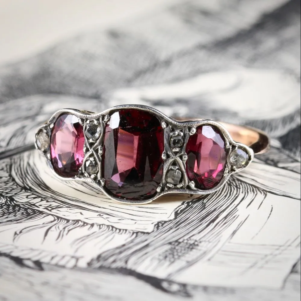 Antique Victorian Garnet Trilogy Ring Diamond 9Ct Gold Circa 1900