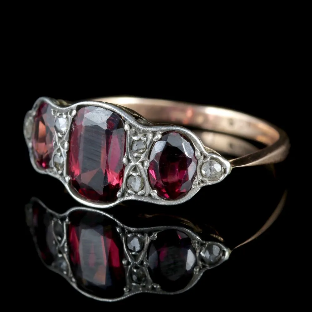 Antique Victorian Garnet Trilogy Ring Diamond 9Ct Gold Circa 1900