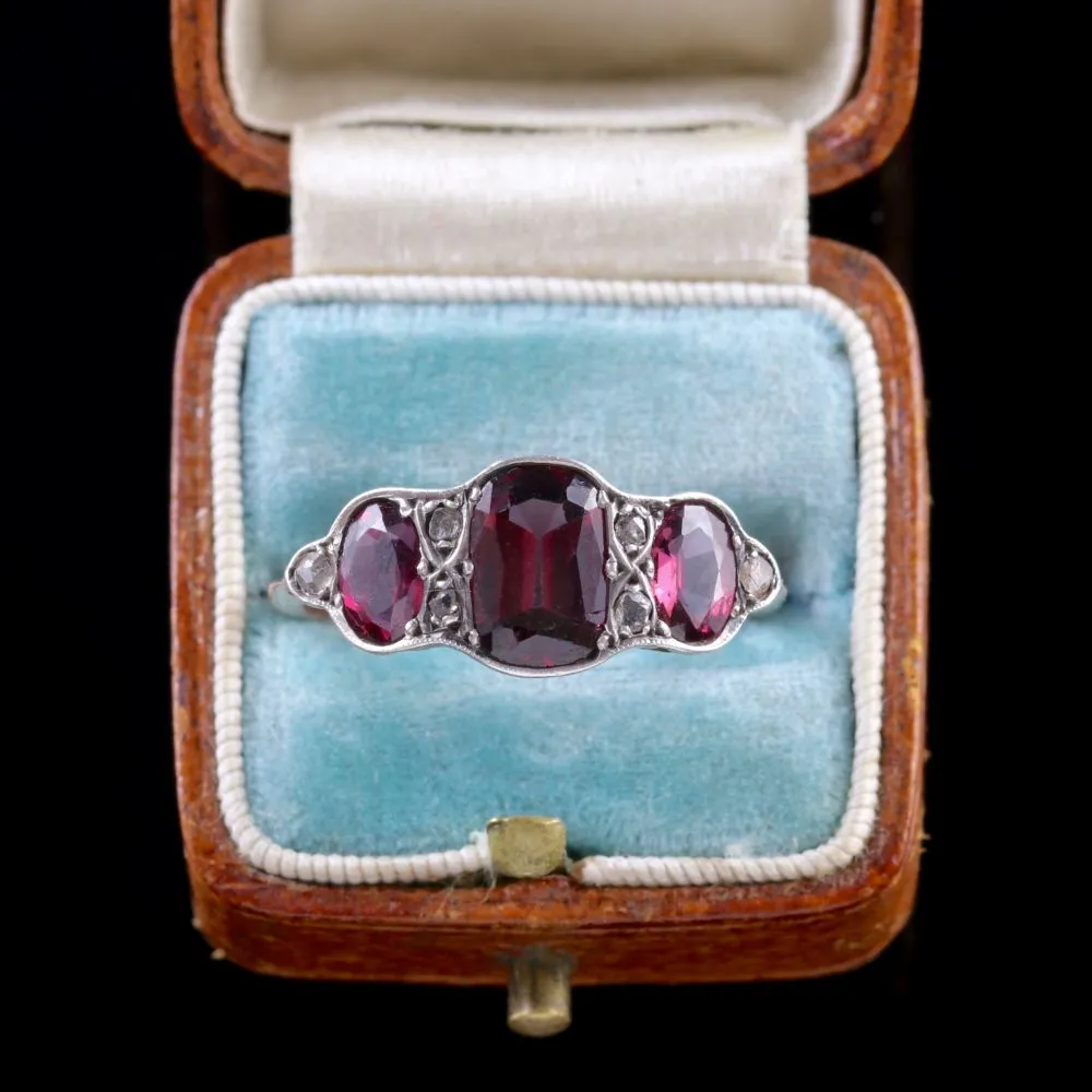 Antique Victorian Garnet Trilogy Ring Diamond 9Ct Gold Circa 1900