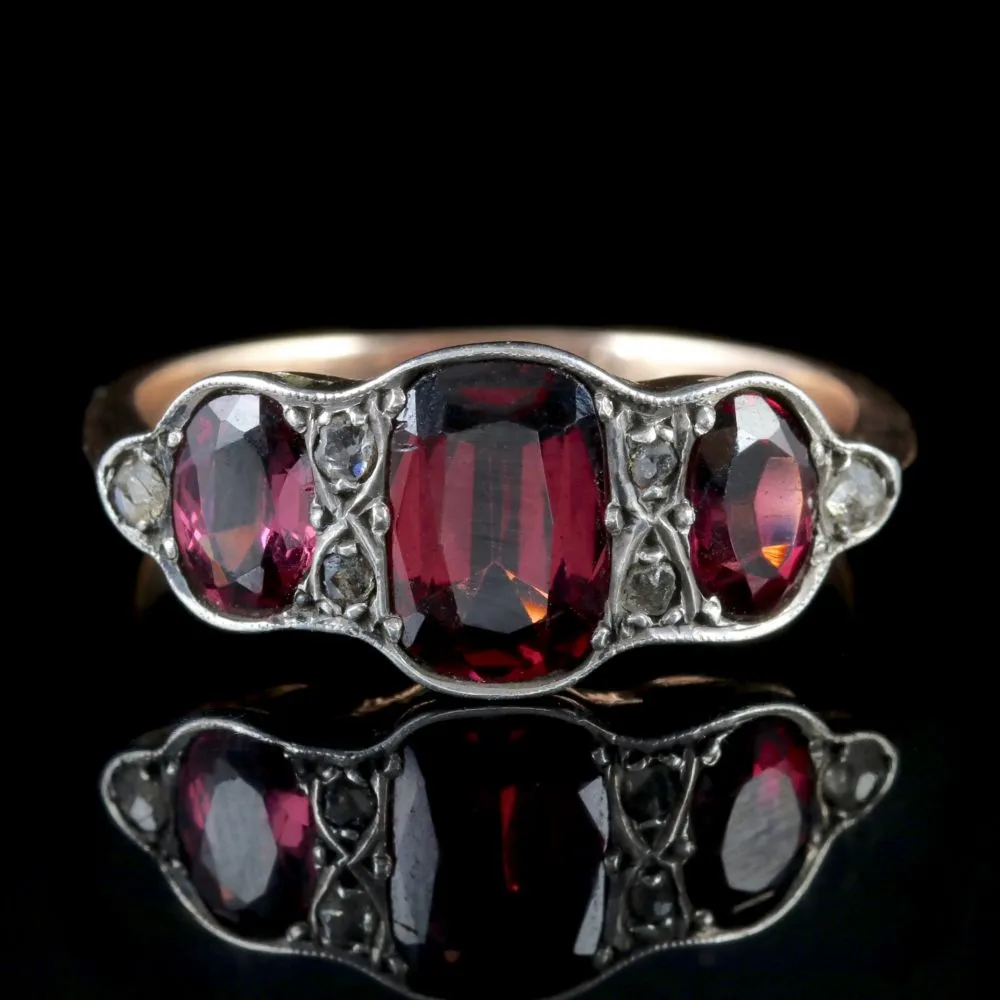 Antique Victorian Garnet Trilogy Ring Diamond 9Ct Gold Circa 1900