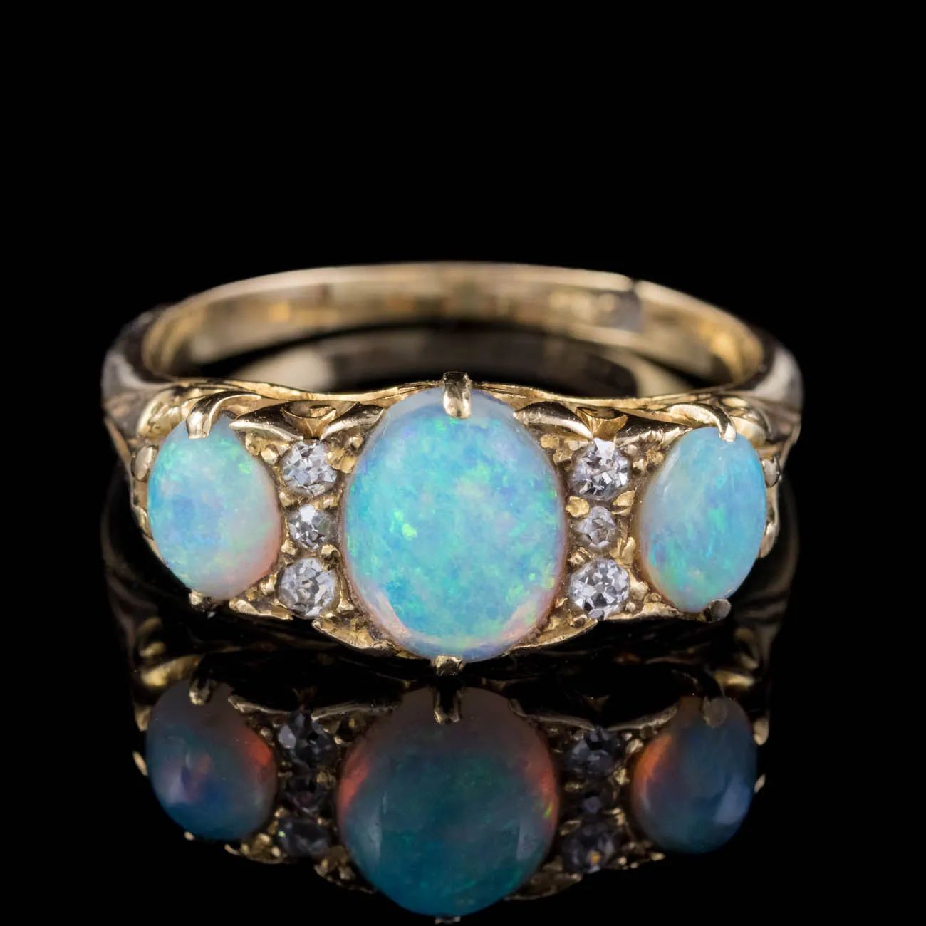 Antique Victorian Opal Diamond Ring 18Ct Gold Circa 1900 Boxed