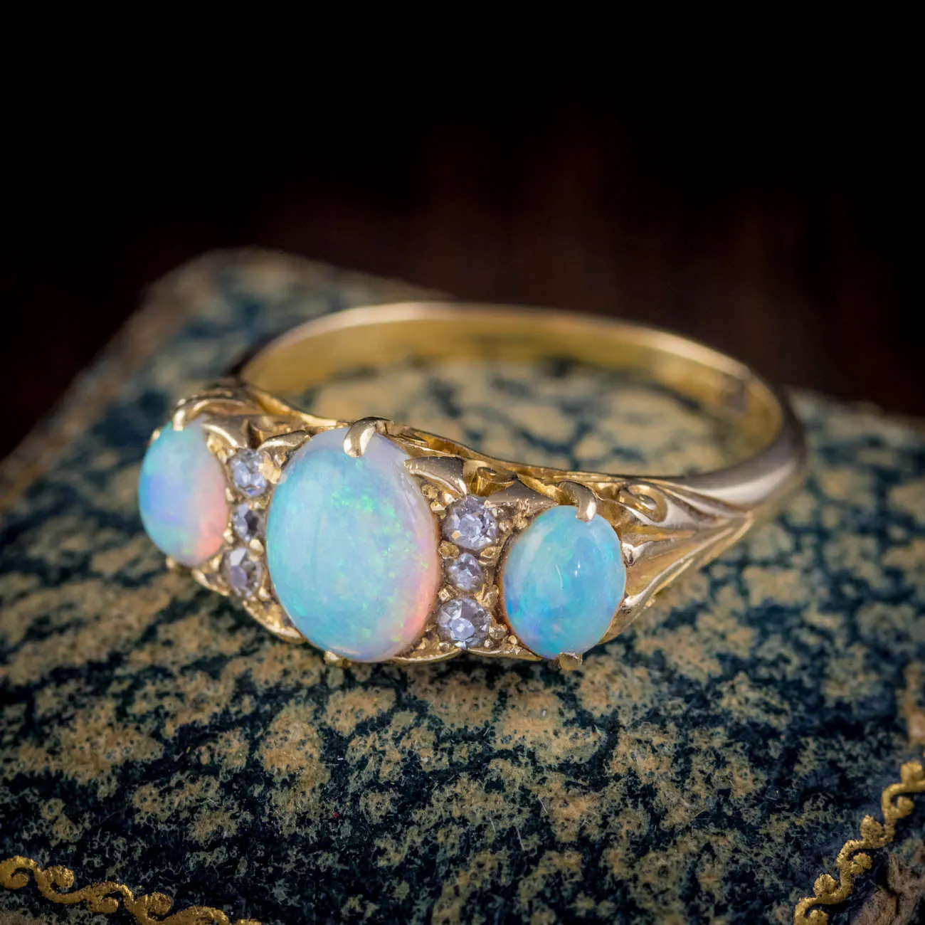 Antique Victorian Opal Diamond Ring 18Ct Gold Circa 1900 Boxed
