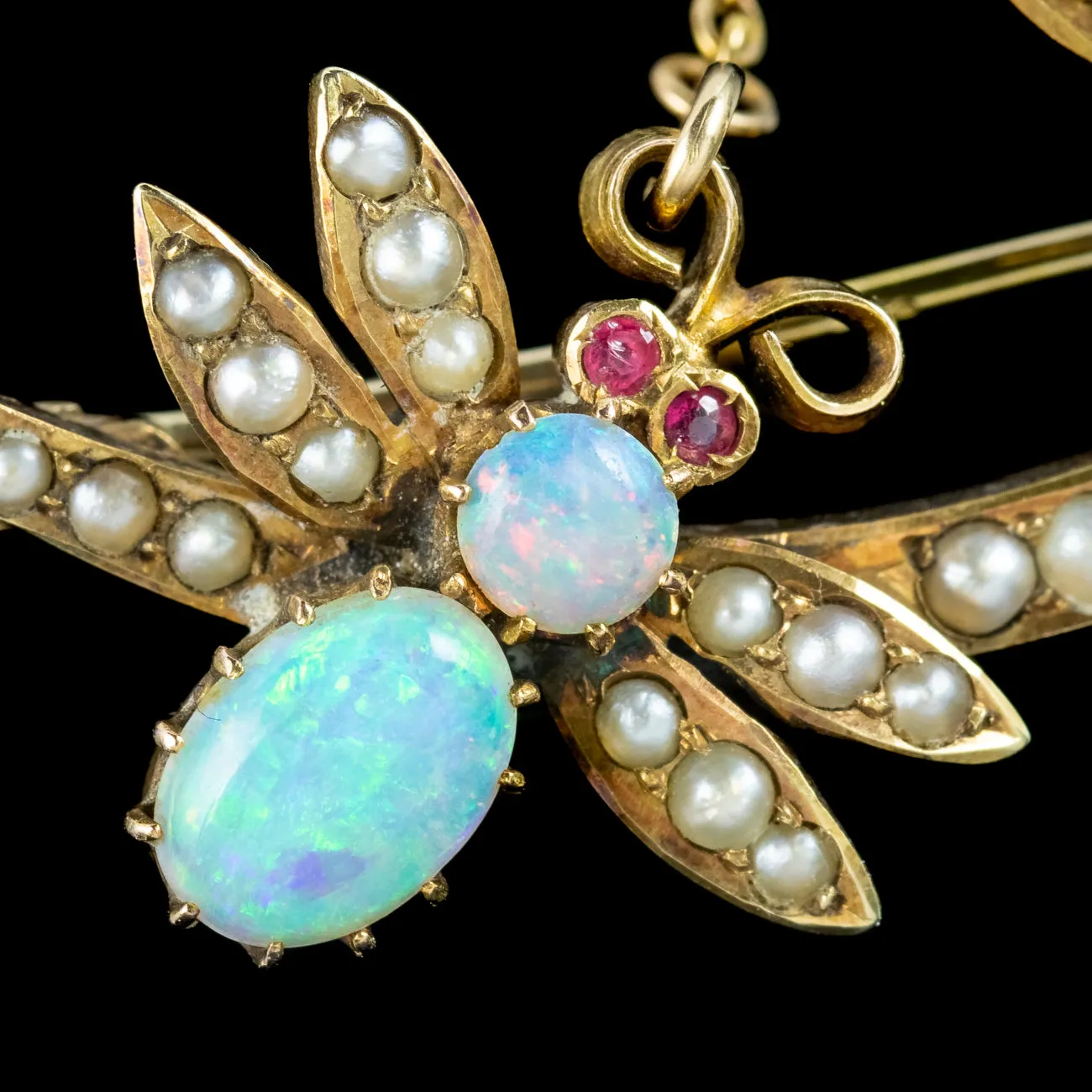 Antique Victorian Opal Pearl Bee And Crescent Brooch 15ct Gold