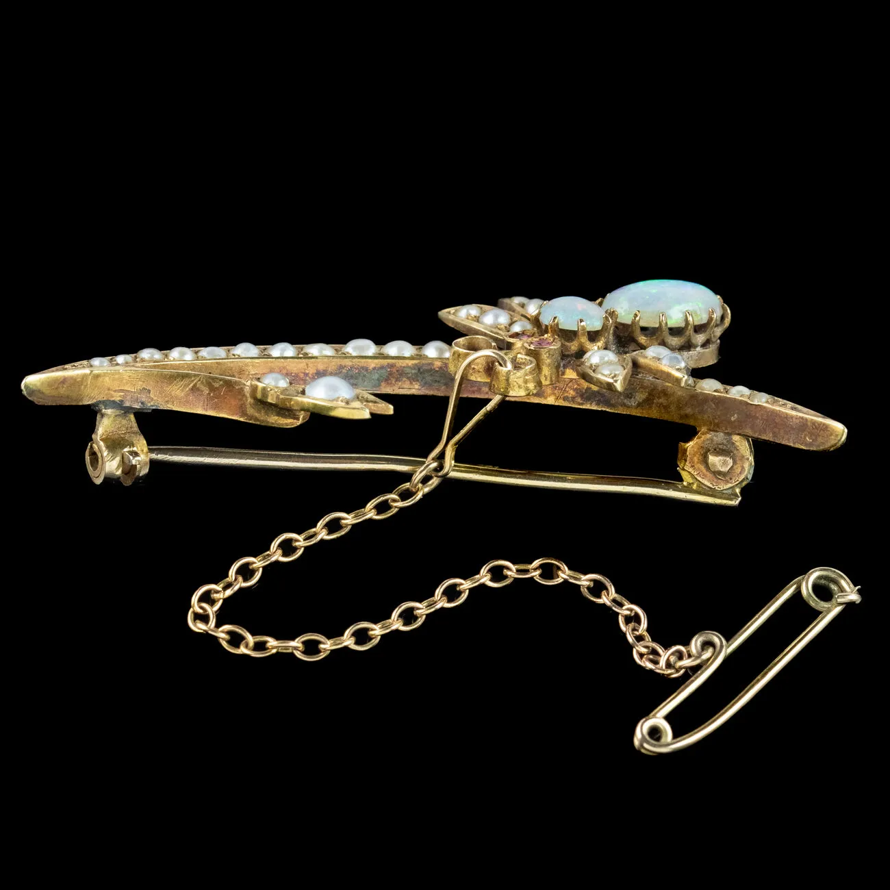 Antique Victorian Opal Pearl Bee And Crescent Brooch 15ct Gold