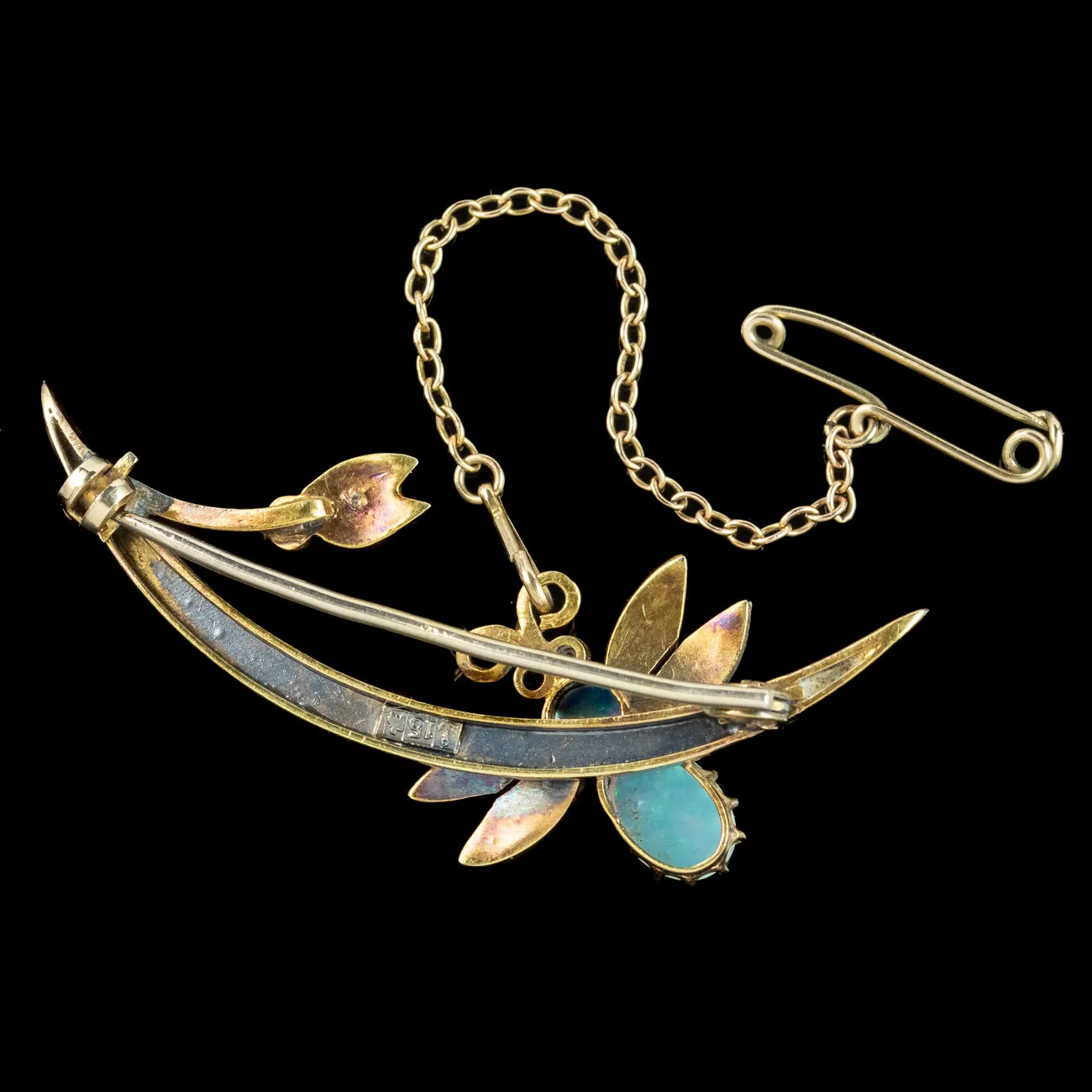 Antique Victorian Opal Pearl Bee And Crescent Brooch 15ct Gold
