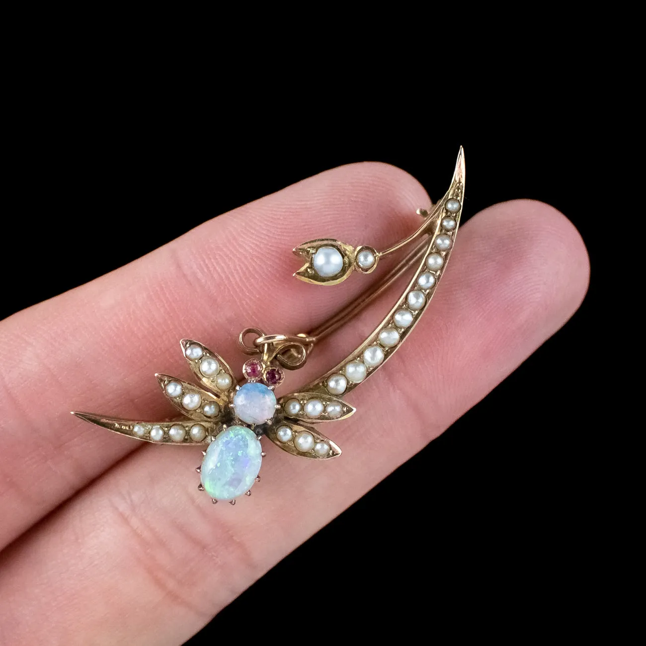 Antique Victorian Opal Pearl Bee And Crescent Brooch 15ct Gold