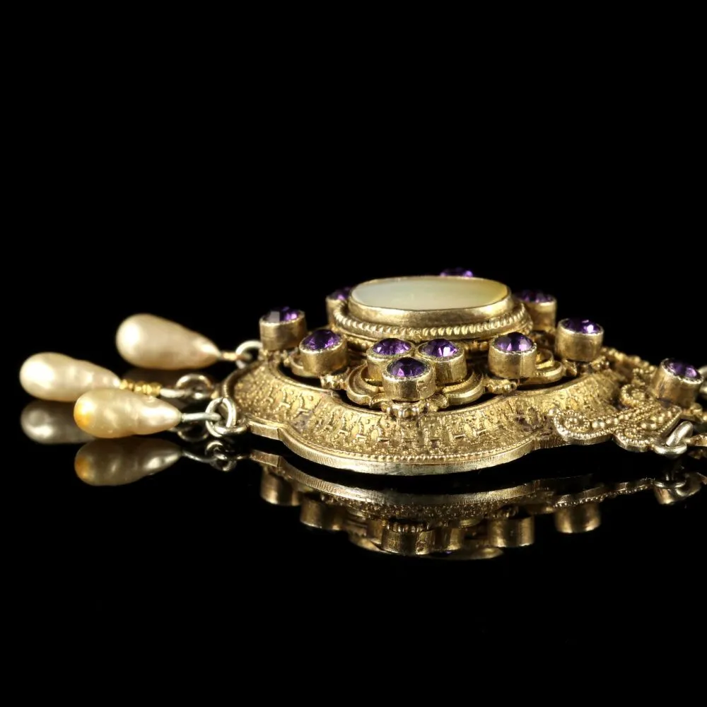 Antique Victorian Paste Stone Blister Pearl Gold Necklace Circa 1900