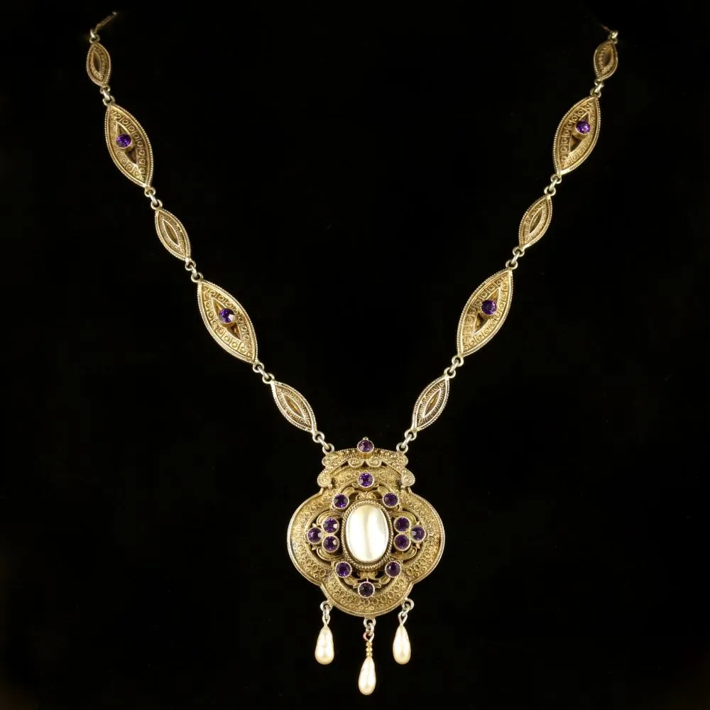 Antique Victorian Paste Stone Blister Pearl Gold Necklace Circa 1900