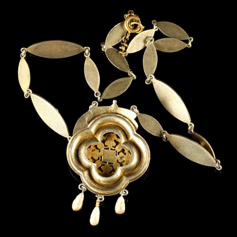 Antique Victorian Paste Stone Blister Pearl Gold Necklace Circa 1900