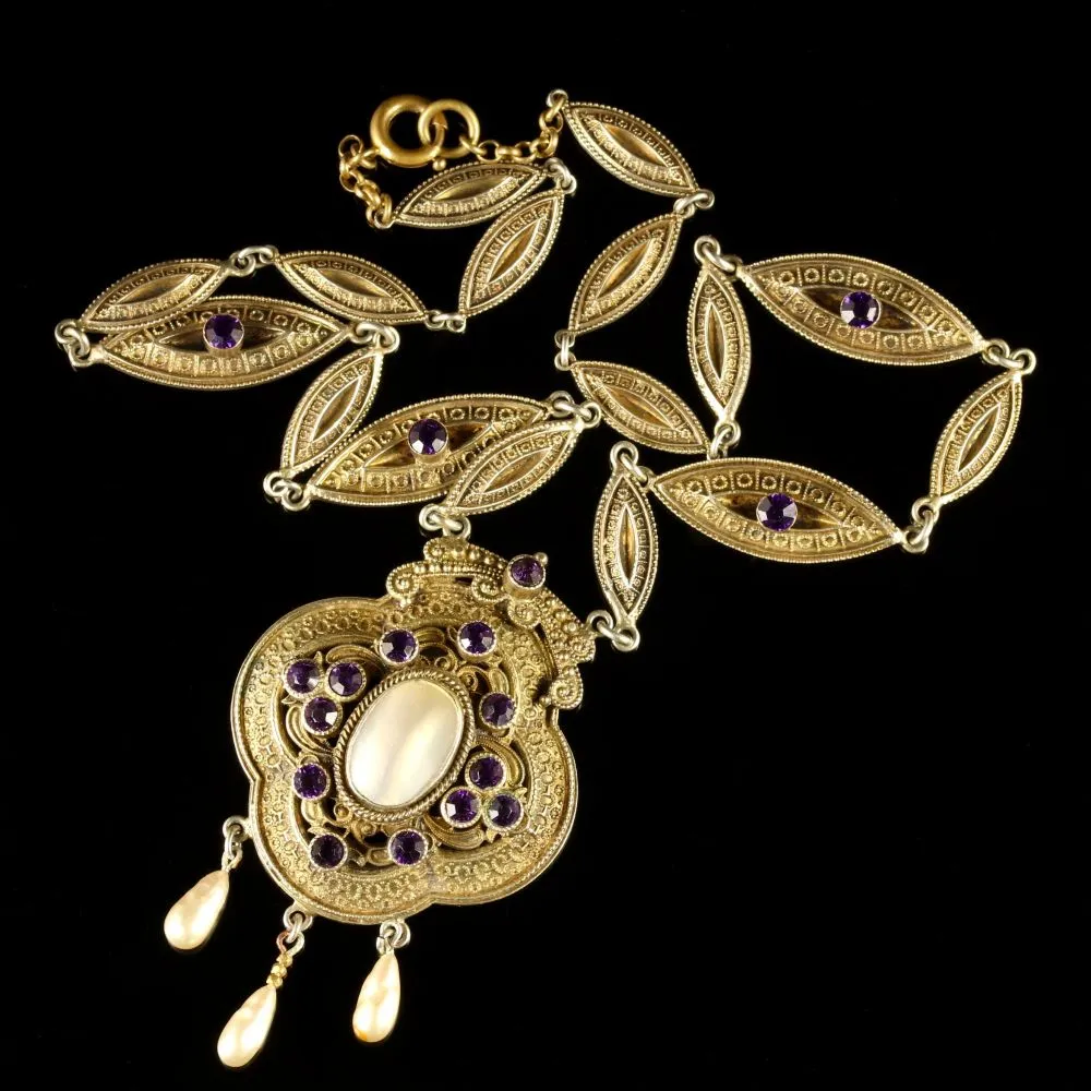 Antique Victorian Paste Stone Blister Pearl Gold Necklace Circa 1900