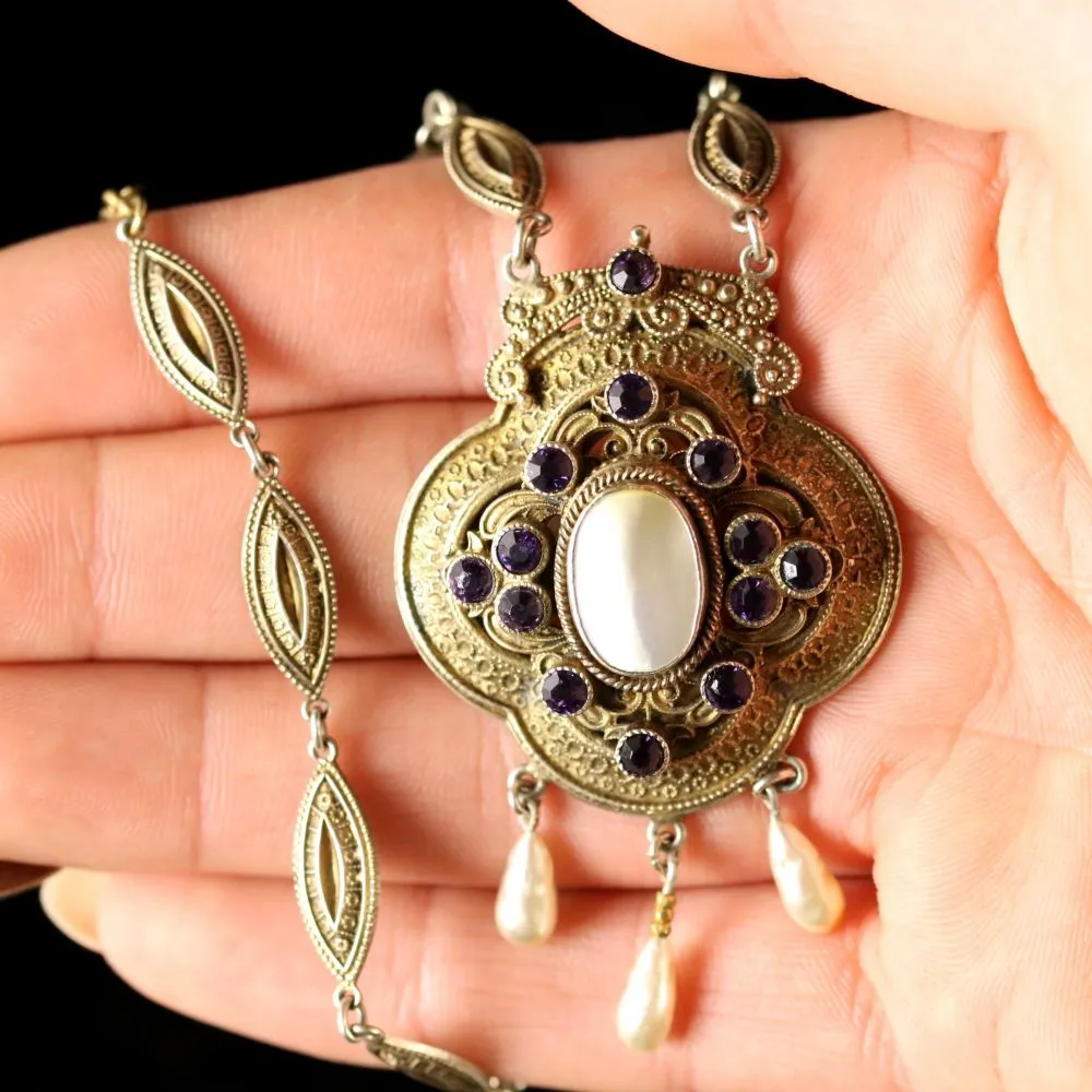 Antique Victorian Paste Stone Blister Pearl Gold Necklace Circa 1900