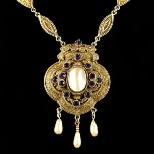 Antique Victorian Paste Stone Blister Pearl Gold Necklace Circa 1900