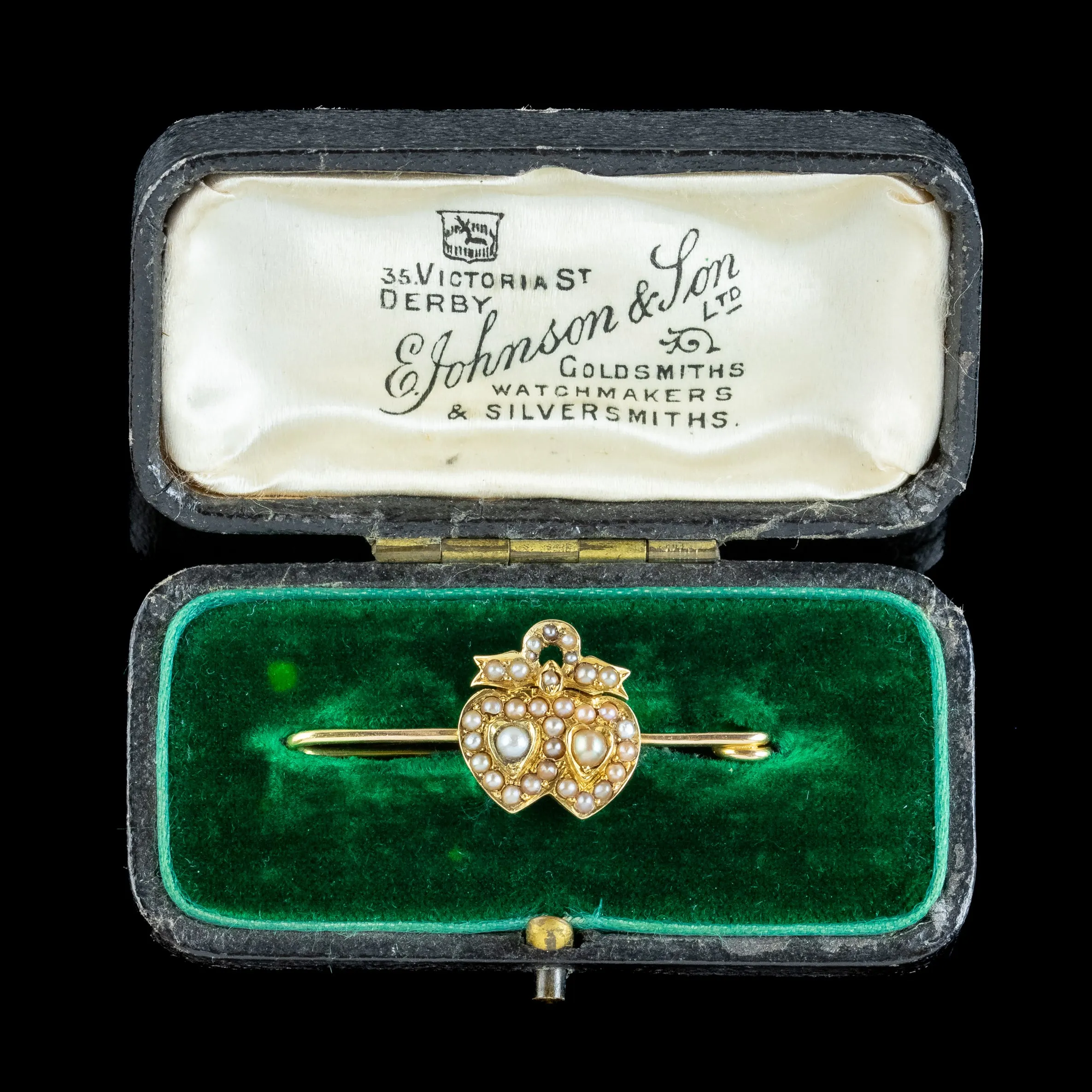 Antique Victorian Pearl Entwined Heart Bar Brooch 15ct Gold With Box