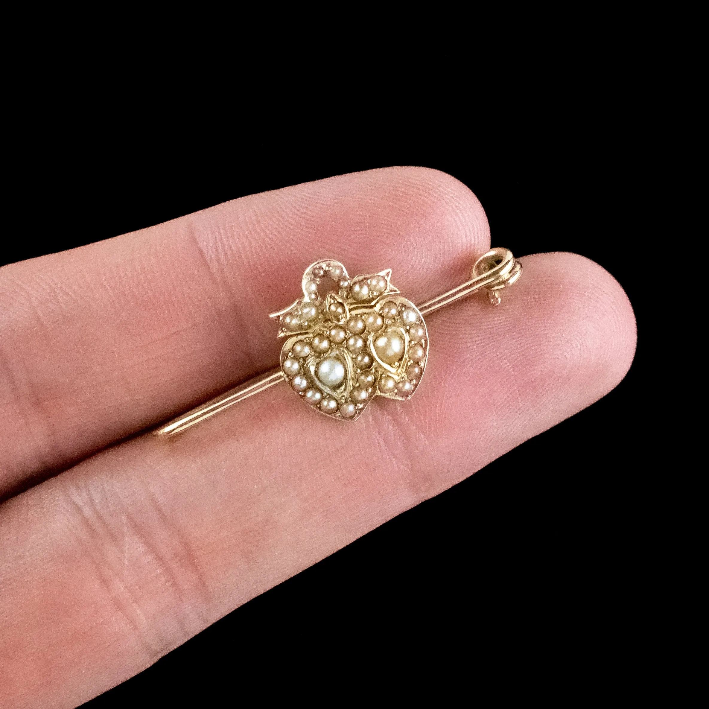Antique Victorian Pearl Entwined Heart Bar Brooch 15ct Gold With Box