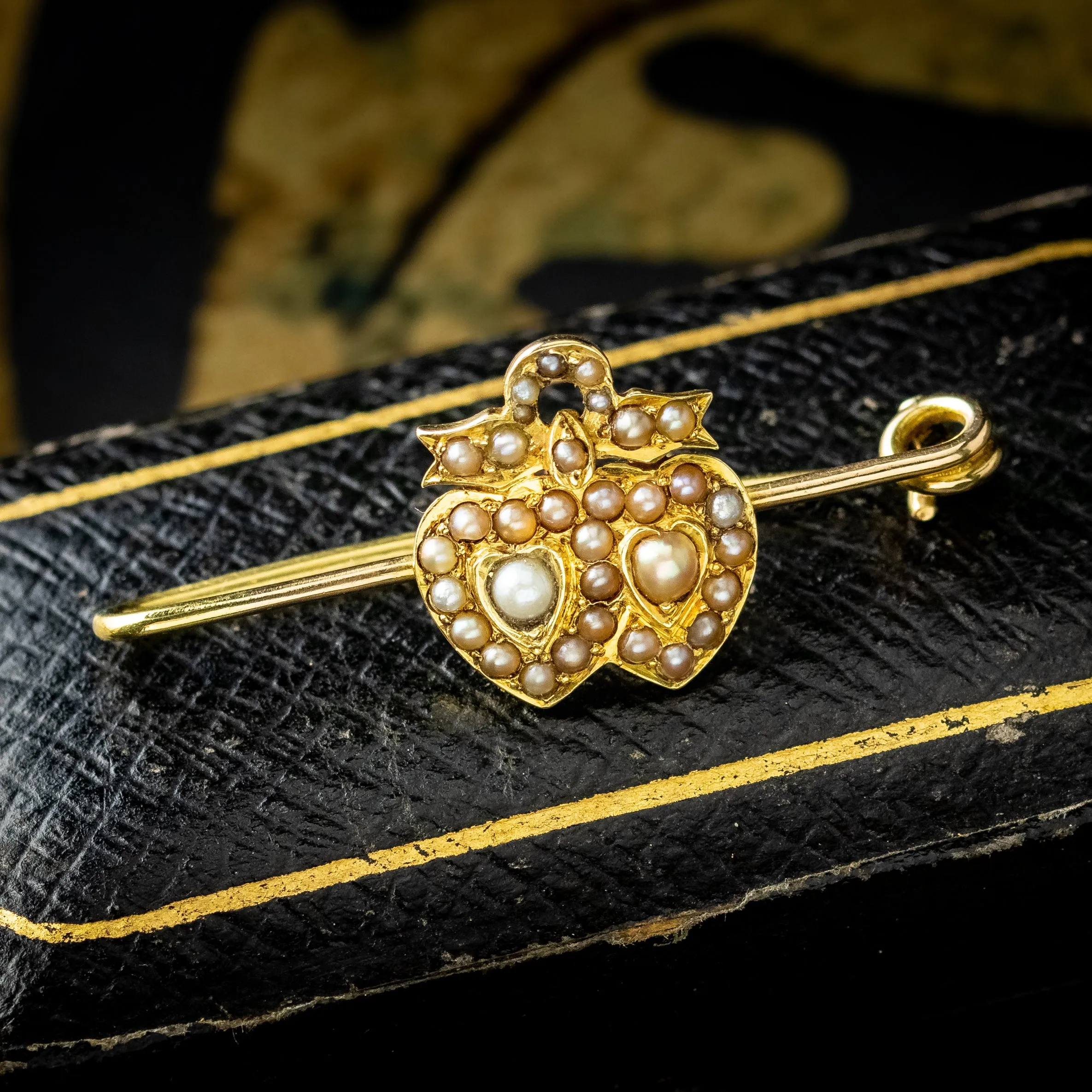 Antique Victorian Pearl Entwined Heart Bar Brooch 15ct Gold With Box