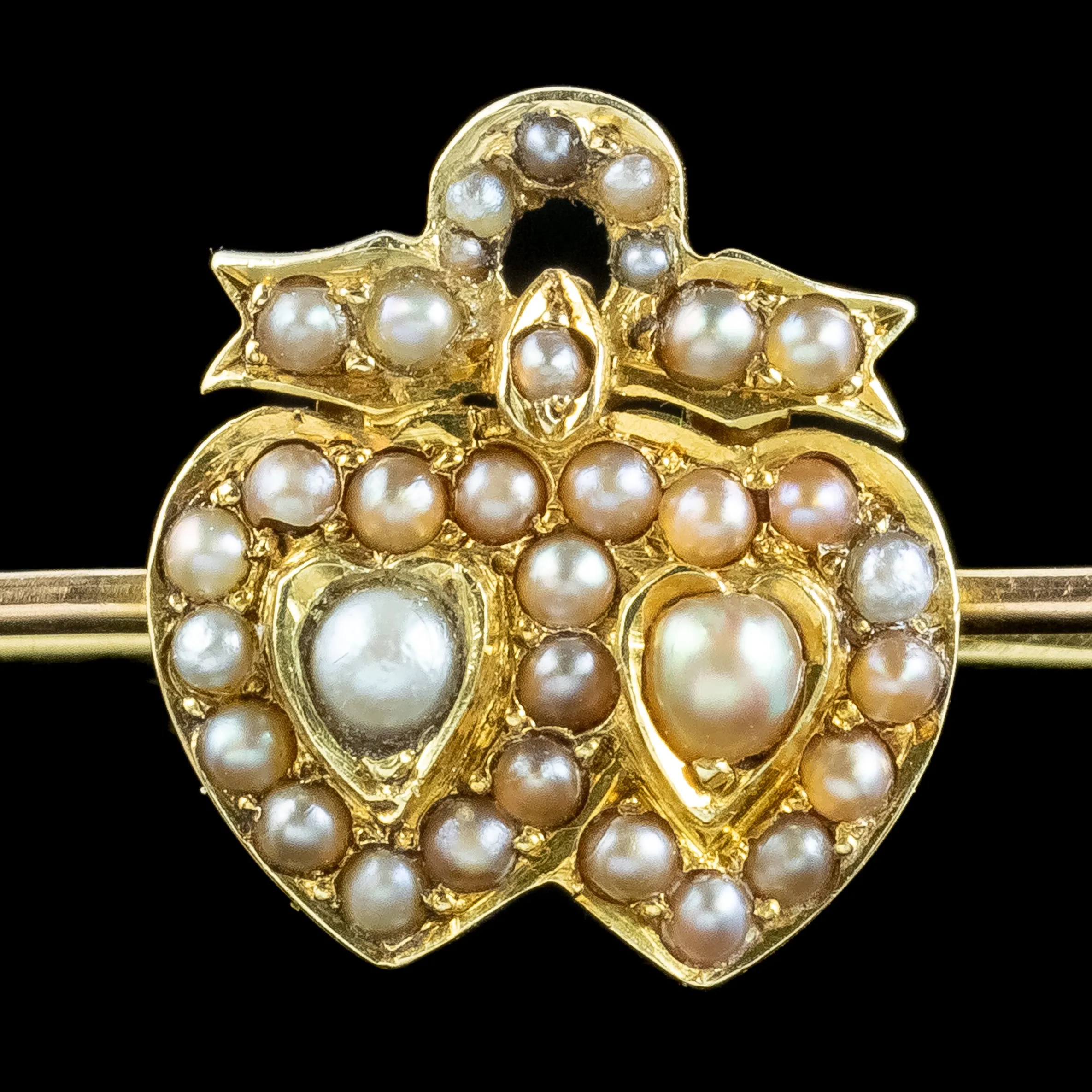 Antique Victorian Pearl Entwined Heart Bar Brooch 15ct Gold With Box
