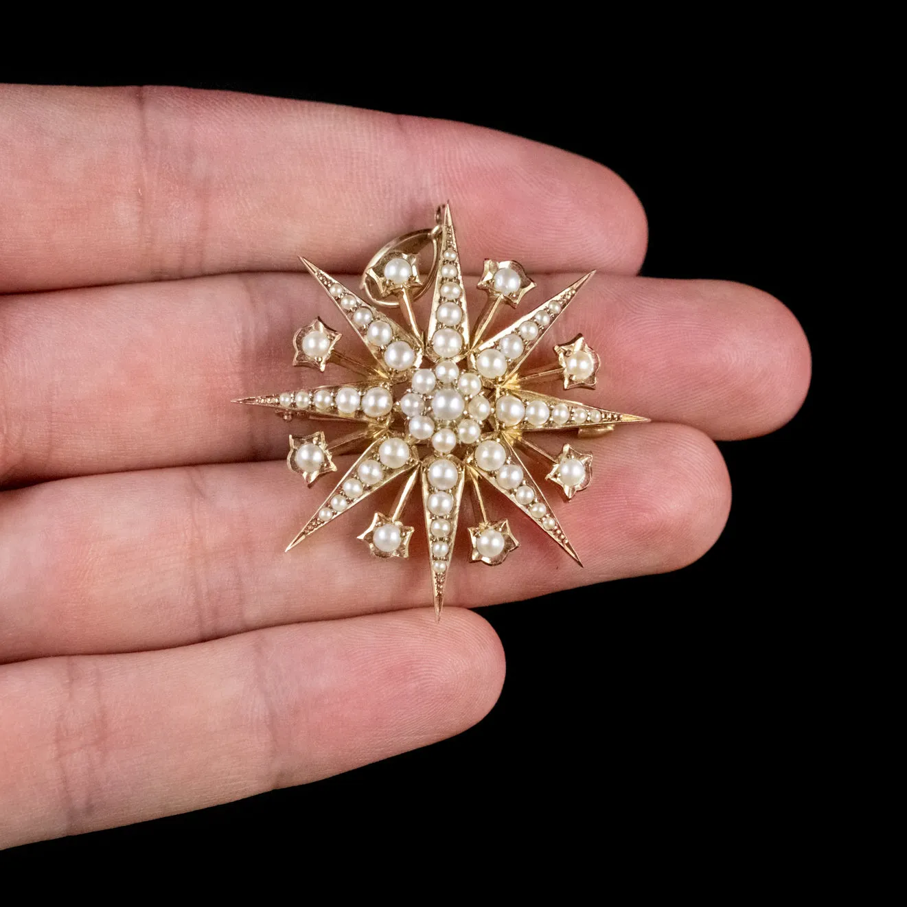Antique Victorian Pearl Star Pendant Brooch 15Ct Gold Circa 1900