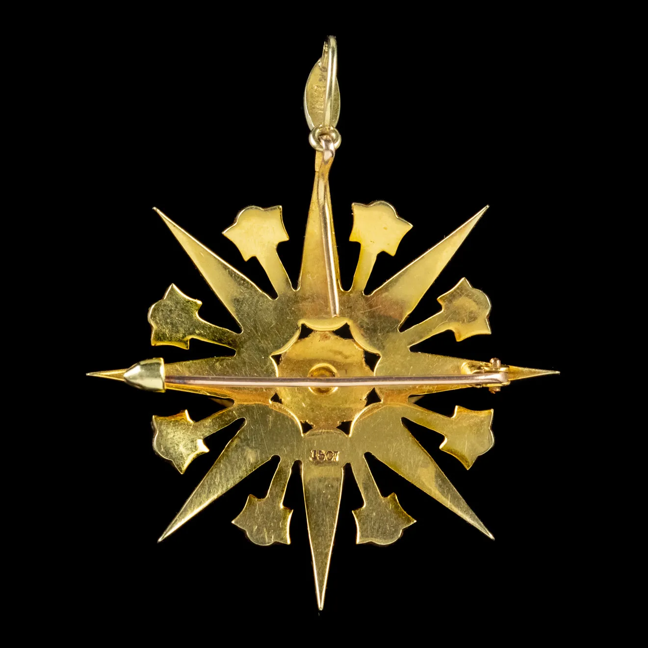 Antique Victorian Pearl Star Pendant Brooch 15Ct Gold Circa 1900