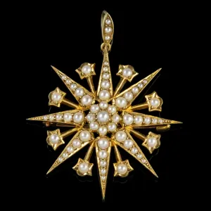 Antique Victorian Pearl Star Pendant Brooch 15Ct Gold Circa 1900