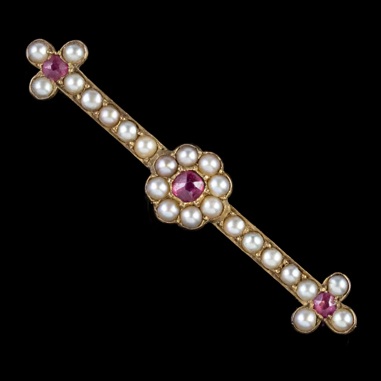 Antique Victorian Ruby Pearl Brooch 9Ct Gold Circa 1900 Boxed