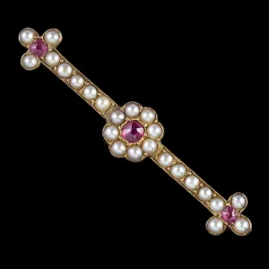 Antique Victorian Ruby Pearl Brooch 9Ct Gold Circa 1900 Boxed