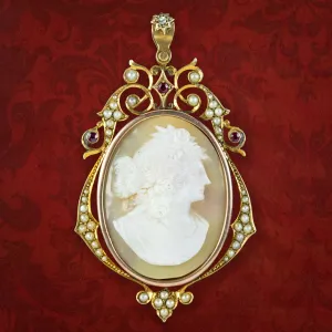 Antique Victorian Ruby Pearl Cameo Pendant 15ct Gold