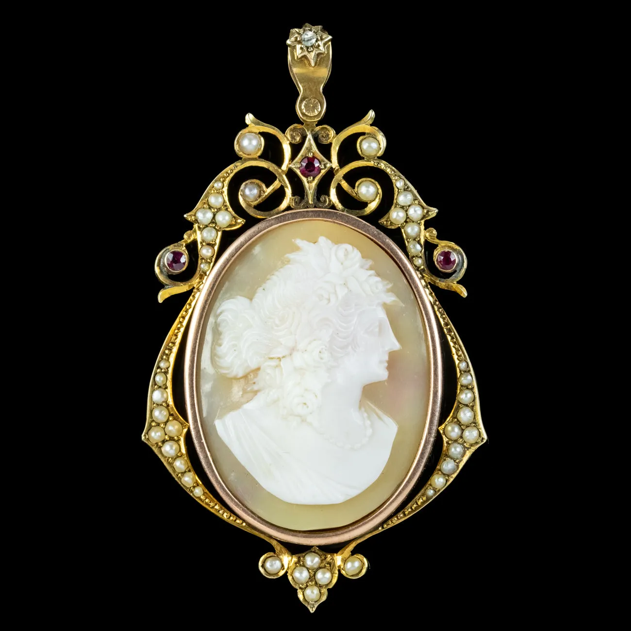 Antique Victorian Ruby Pearl Cameo Pendant 15ct Gold
