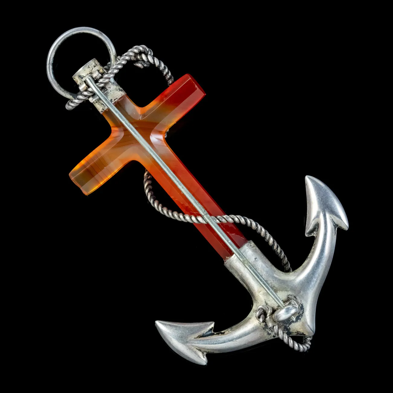 Antique Victorian Scottish Agate Anchor Brooch Silver Circa 1860