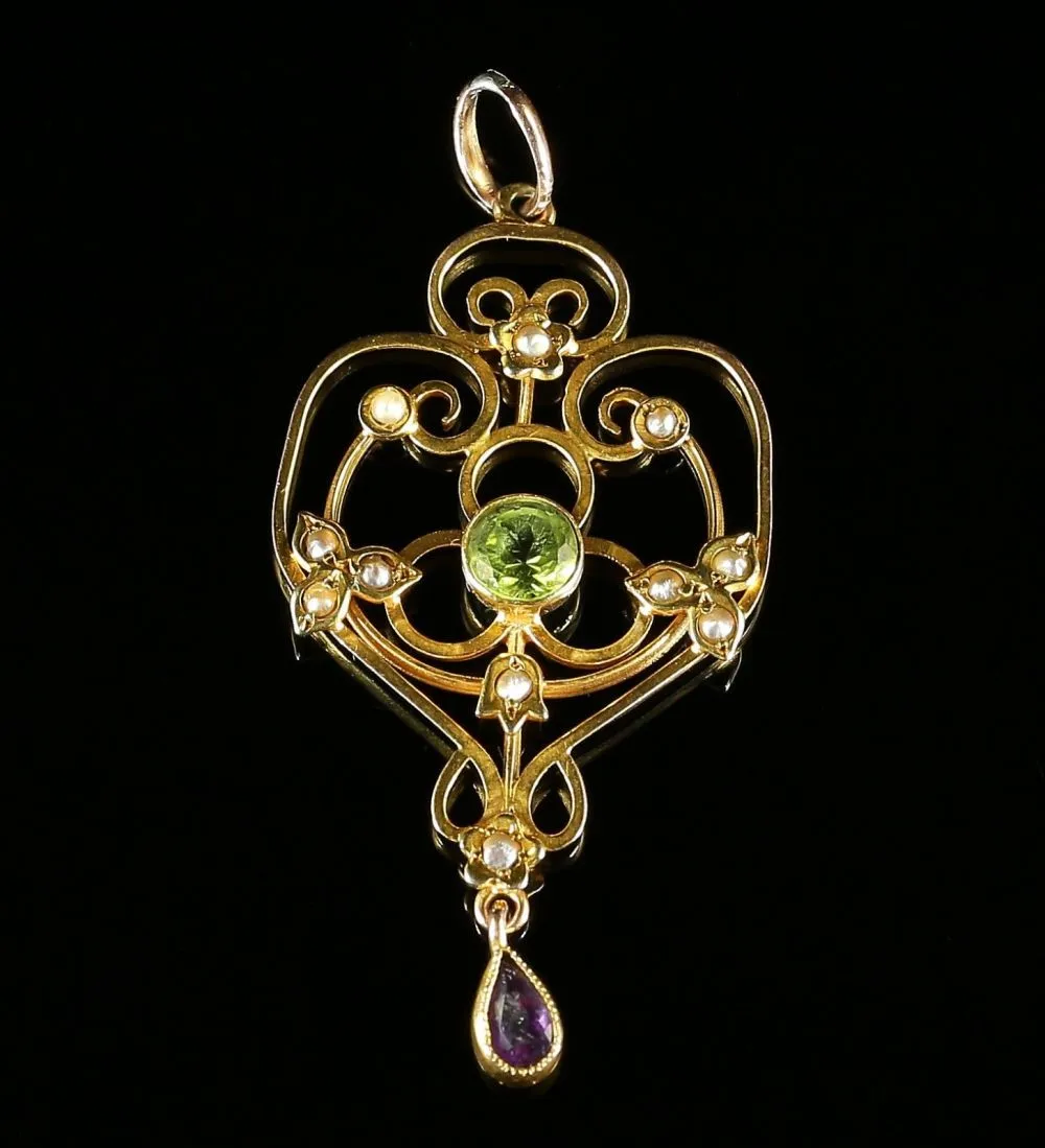 Antique Victorian Suffragette Gold  Pendant Peridot Amethyst Pearls Circa 1900