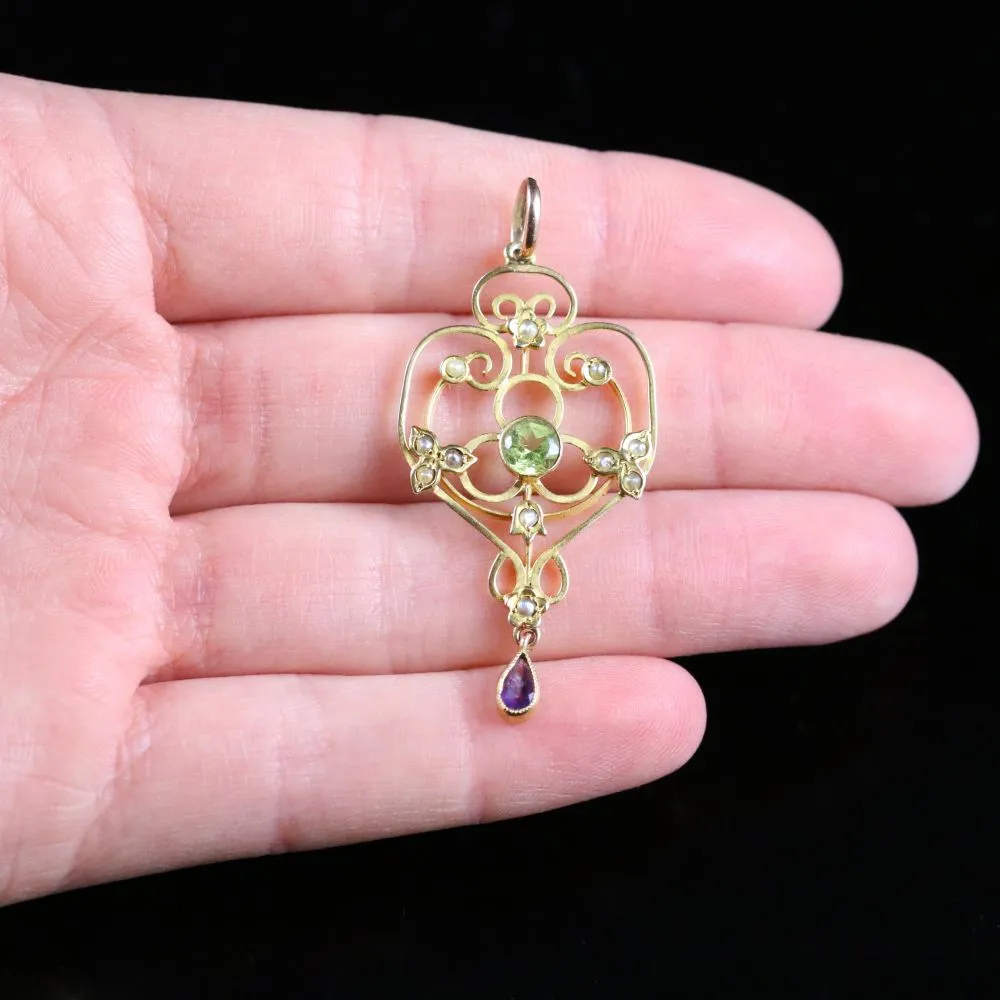 Antique Victorian Suffragette Gold  Pendant Peridot Amethyst Pearls Circa 1900