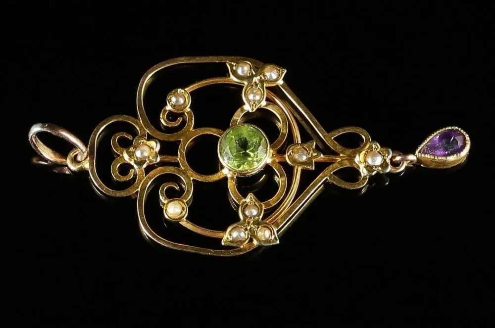 Antique Victorian Suffragette Gold  Pendant Peridot Amethyst Pearls Circa 1900