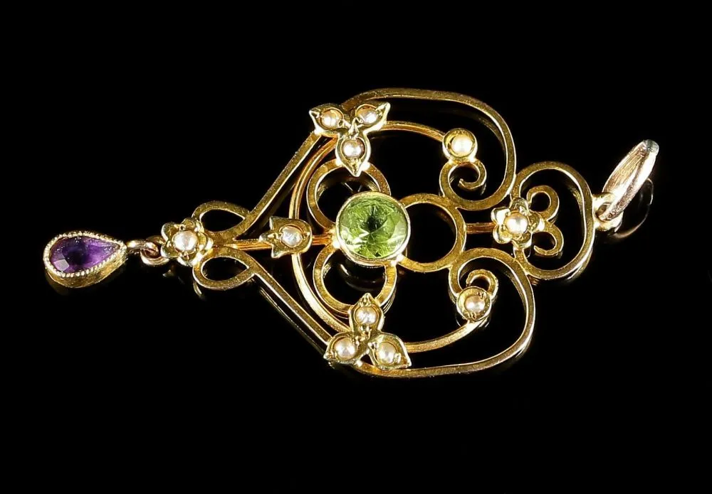 Antique Victorian Suffragette Gold  Pendant Peridot Amethyst Pearls Circa 1900