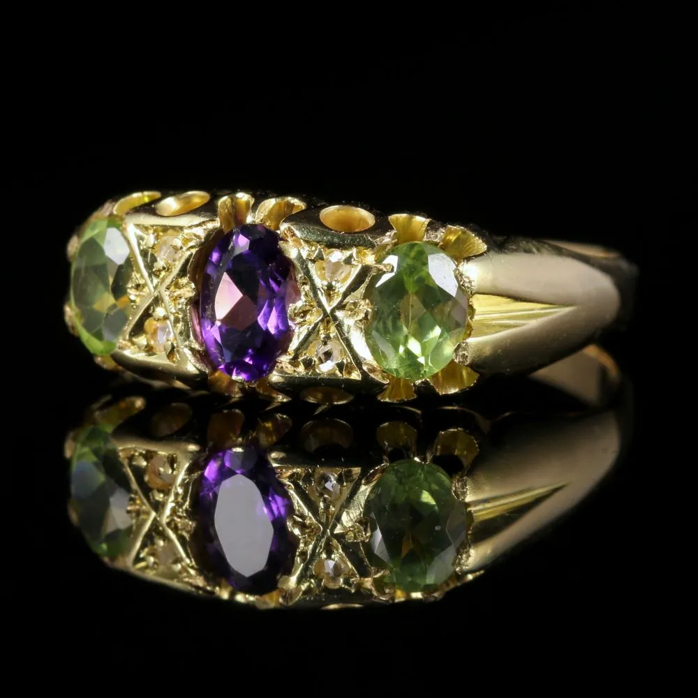 Antique Victorian Suffragette Ring Amethyst Peridot Diamond 18Ct Gold