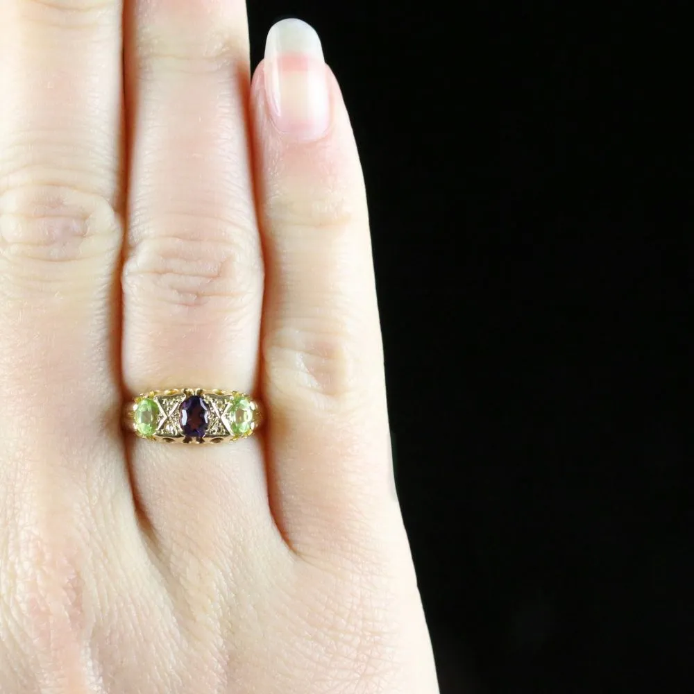 Antique Victorian Suffragette Ring Amethyst Peridot Diamond 18Ct Gold